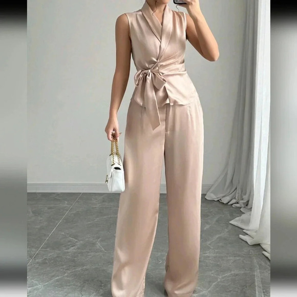 2pcs Solid Color Tie Front Sleeveless Top And Pants Casual Suit Set - Picture 1 of 5
